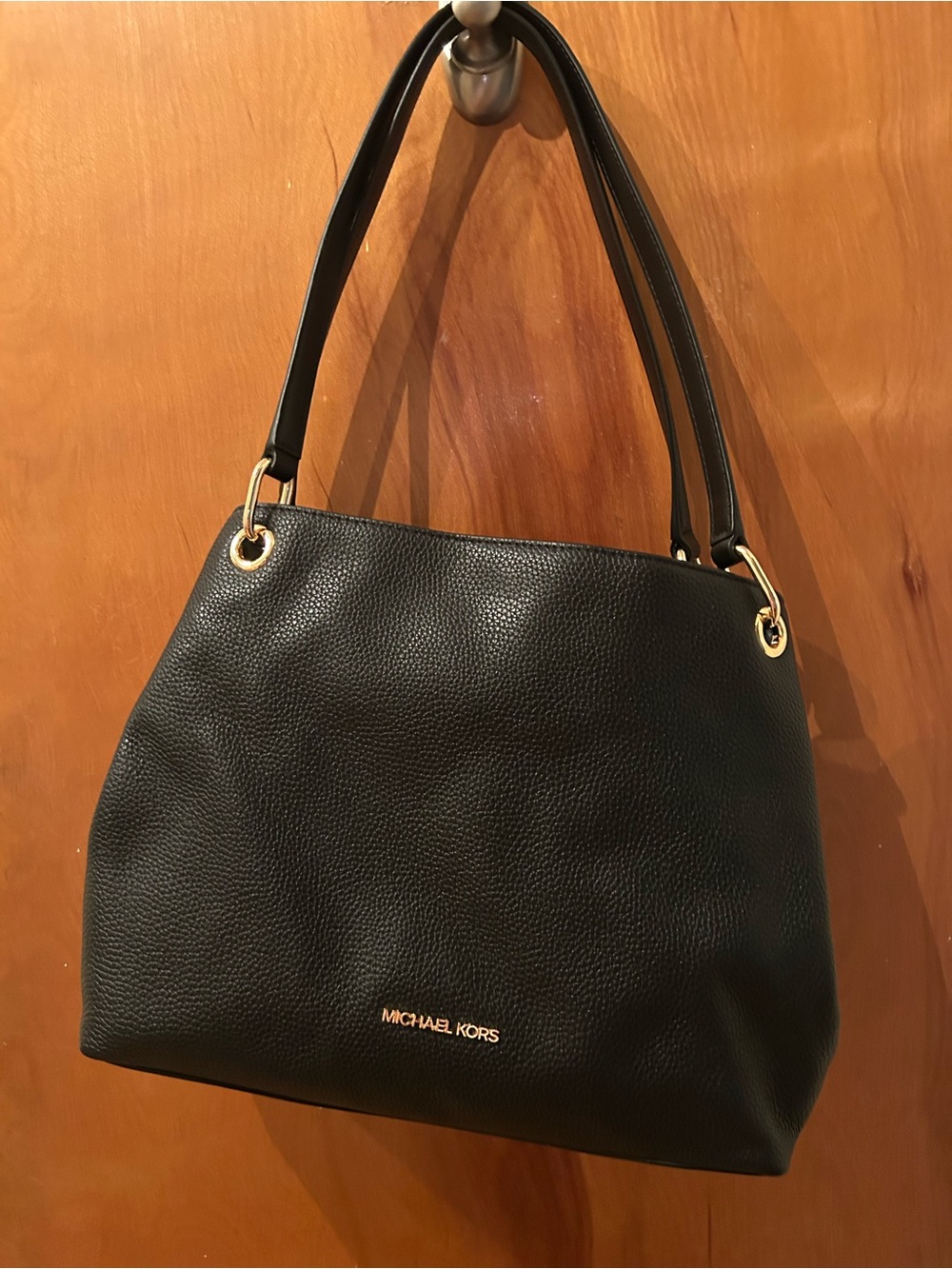 Michael Kors Black Pebbled Leather Shoulder Bag with Gold Hardware